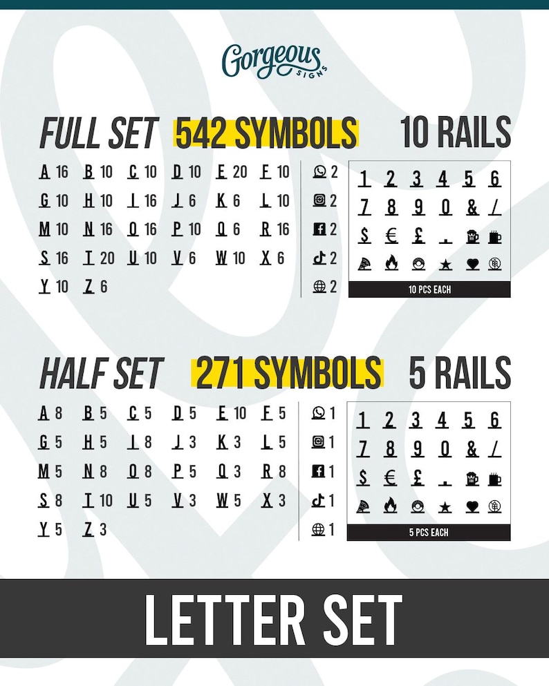 May include: A letter set product display featuring a full set of 542 symbols with 10 rails and a half set of 271 symbols with 5 rails. The image lists quantities for letters A through Z, numbers 0 through 9, and various icons including currency and social media symbols.