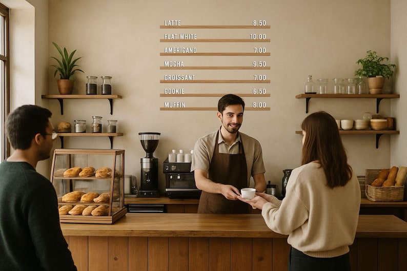 May include: A wall-mounted wooden menu board with white lettering listing items including Latte 8.50, Flat White 10.00, Americano 7.00, Mocha 9.50, Croissant 7.00, Cookie 6.50, and Muffin 8.00, displayed in a cafe setting with shelves and a counter.
