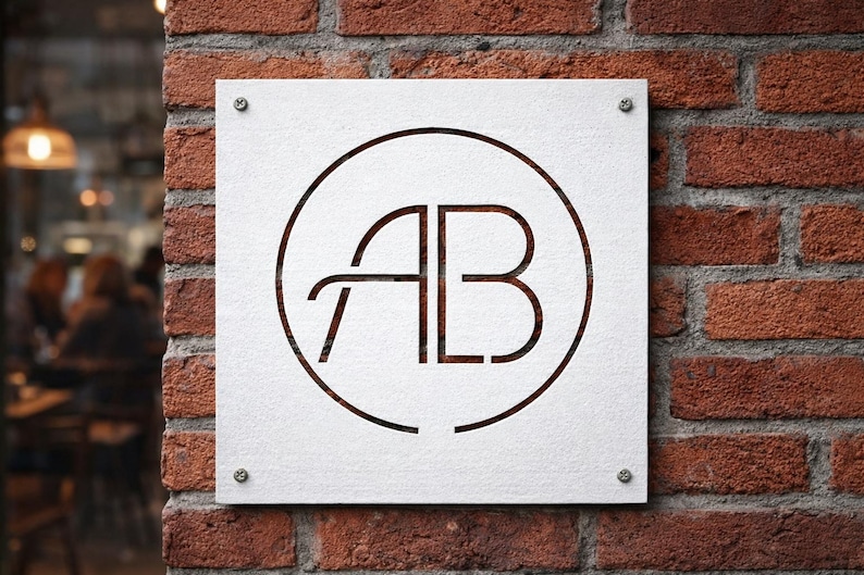 K&ouml;nnte beinhalten: Ein quadratisches wei&szlig;es Schild mit den Buchstaben "AB" in einem Kreis, das an einer Ziegelmauer befestigt ist. Die Buchstaben und der Kreis sind dunkelbraun, und das Schild wird mit vier kleinen silbernen Schrauben befestigt. Die Ziegelmauer ist rotbraun.