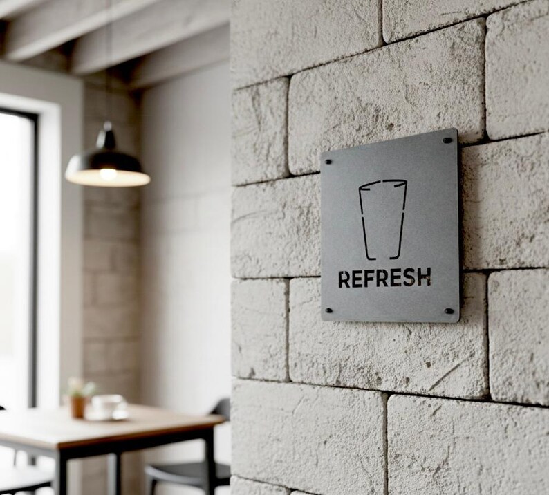 K&ouml;nnte beinhalten: Ein rechteckiges Metallschild mit dem Wort "REFRESH" in fetter Schrift. Oberhalb des Wortes befindet sich eine Grafik eines Glases. Das Schild ist an einer hellfarbigen Backsteinmauer angebracht.