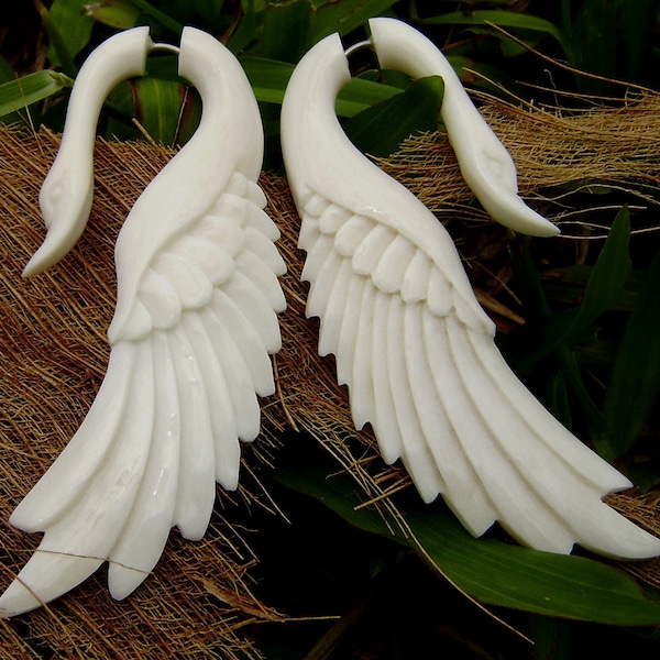 Fake Gauge Earrings - Hand Craved Natural White Swans Bone Split Gauge Earrings  Cheater fake piercings