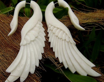 Fake Gauge Earrings - Hand Craved Natural White Swans Bone Split Gauge Earrings  Cheater fake piercings