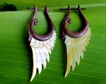 Fake Gauge Earrings: Wood Wing Design with Gold Shell, Hand Carved, Tribal, Organic