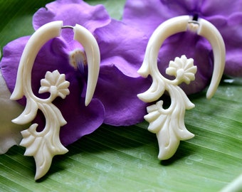 Fake Gauge Earrings, Bone Split Gauge Earrings, Fancy, Carved, Tribal, Hand Carved, Natural, Organic, Floral