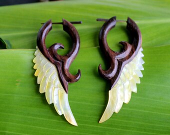 Fake Gauge Earrings: Wood Wing Design with Gold Shell, Hand Carved, Tribal, Organic