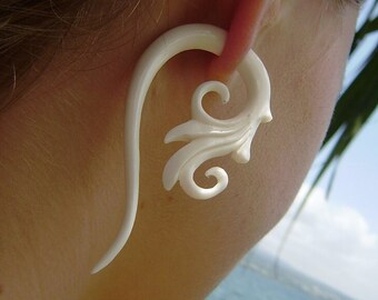 Fake Gauge Earrings, Split Gauge, Bone, Tribal Style, Hand Carved, Organic, Natural