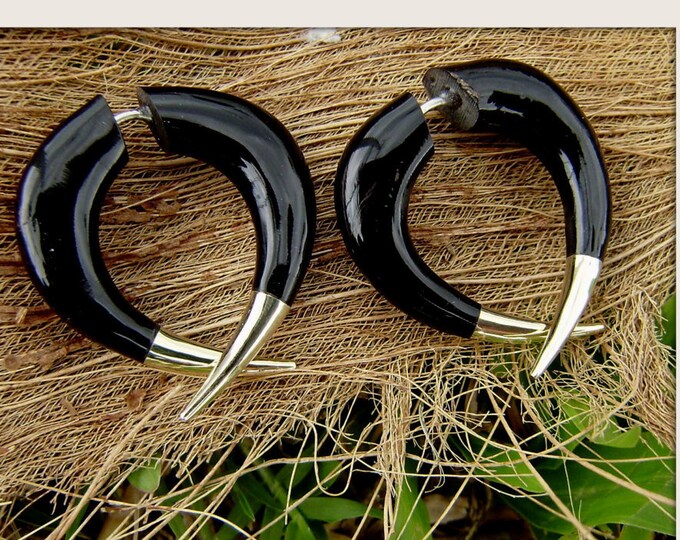 Fake Gauge Earrings ,small ,black Horn ,post Earrings, Hand