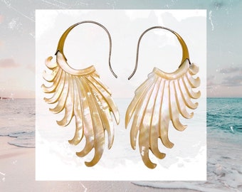 Fake Gauge Earrings: Gold Shell & Mother Of Pearl Earrings-Spiral Hand Carved Tribal Style Fake Piercings