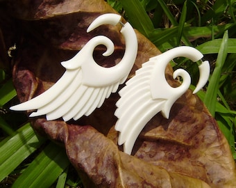 Fake Gauge Earrings, Wing, White Bone , Angel Wings, hand Craved ,tribal style,naturally,organic