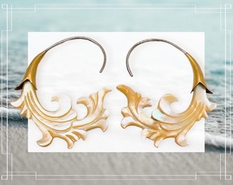 Fake Gauge Earrings Gold Shell & Mother Of Pearl Earrings - Hand Carved Tribal Organic Fake Piercings