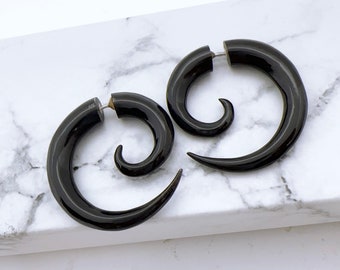 fake gauge earrings, Organic,Sprial ,Black Horn, Split Gauge ,Sprial Earrings ,hand carved,tribal style