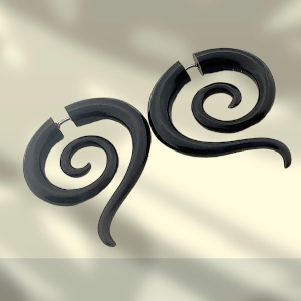 Fake Gauge Earrings: Black Horn, Hand Carved, Tribal style, Organic