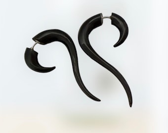 Small Black Horn Earrings, Fake Gauge, Organic, Spiral Earrings, Hand Carved, Tribal style