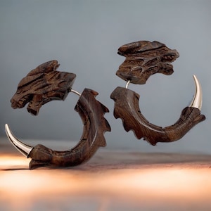 May include: A pair of wooden dragon head earrings with a silver spike on each. The earrings are dark brown and have a detailed carving of a dragon's head.