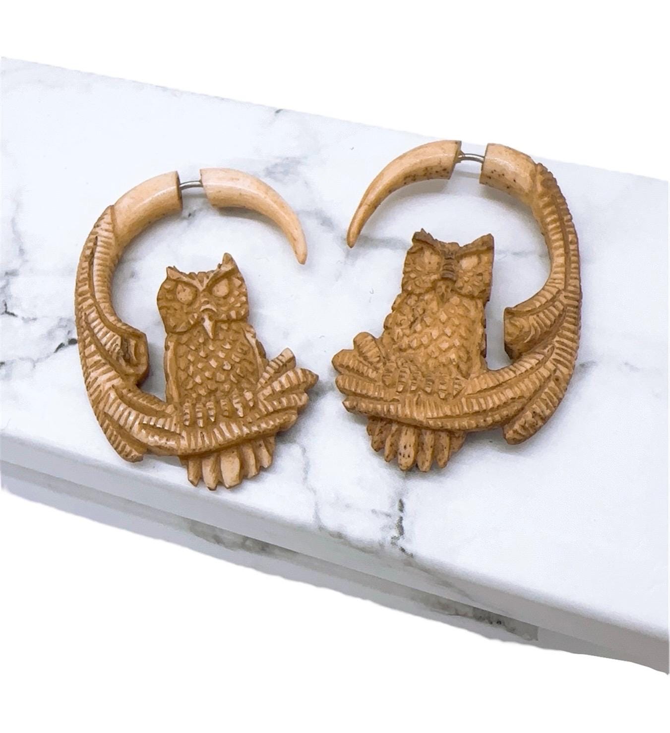 Owl white Bone earrings Fake Gauge Earrings Fancy Craved tribal style fake piercings hand carved , G