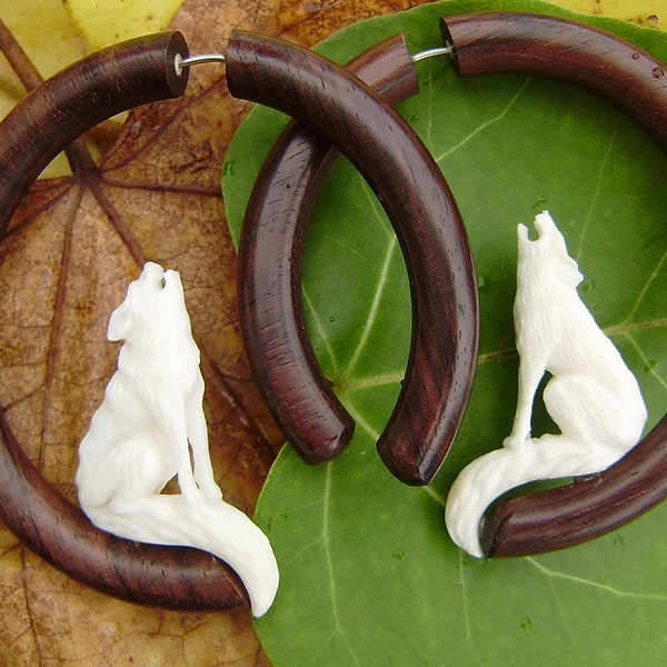 Fake Gauge Earrings ,White Bone ,Wood Split Gauge Earrings, Call of the Wild Wolf, Tribal Style