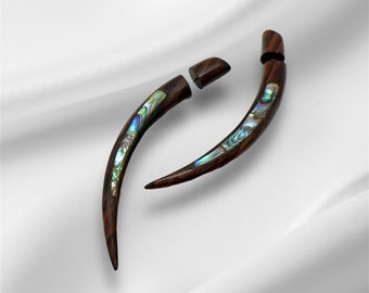 Fake Gauge Earrings: Wood Tribal Design with Gold Shell, Hand Carved, Tribal, Organic