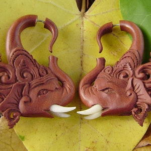 May include: A pair of wooden elephant ear gauges with intricate carvings and ivory-colored tusks. The gauges are displayed on a yellow leaf.