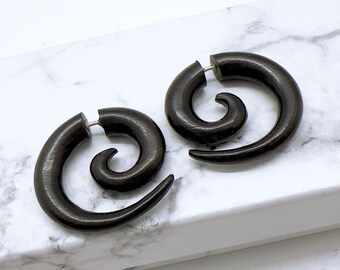 Fake Gauge Earrings: Hand Carved, Tribal, Organic Areng wood