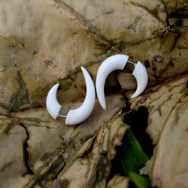 fake gauge earrings, White Bone Split Gauge Earrings, Fancy Carved  X-small