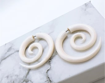 Medium Spiral Fake Gauge Earrings - Organic, Water Buffalo Bone, Spiral, Tribal, Expanders, Hand Carved