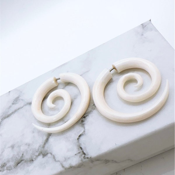 Medium Spiral Fake Gauge Earrings - Organic, Water Buffalo Bone, Spiral, Tribal, Expanders, Hand Carved