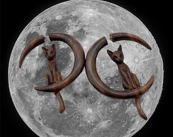 Fake Gauge Earrings, Dark Wood, Cat, Hand Carved, Tribal Style