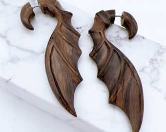 Bat Wings: Wood, Fake Gauge, Earrings, Hand Carved, Natural, Tribal Style, Split Gauge Earrings, Spiral, Organic, Natural