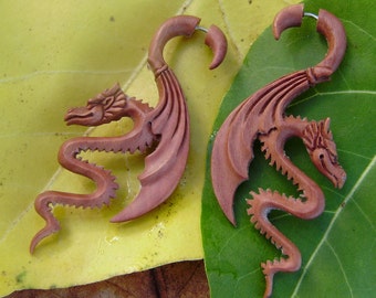 Fake Gauge Earrings - Organic Wood "Chinese Luck Dragon Inspired" Tribal Style Split Expanders Hand Carved Fake Piercings