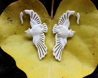 Owl white Bone earrings Fake Gauge Earrings Fancy Craved tribal style fake piercings hand carved , Great Horned Owl