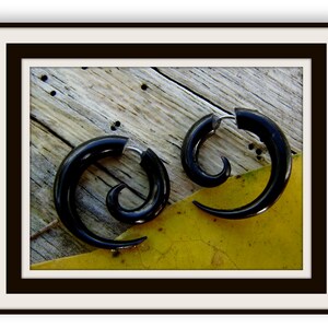 fake gauge earrings, Organic,X Small Sprial ,Black Horn, Split Gauge ,Sprial Earrings ,hand carved,tribal style image 2