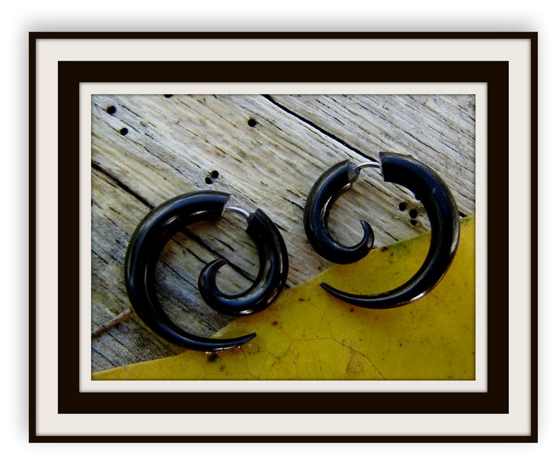 fake gauge earrings, Organic,X Small Sprial ,Black Horn, Split Gauge ,Sprial Earrings ,hand carved,tribal style image 2