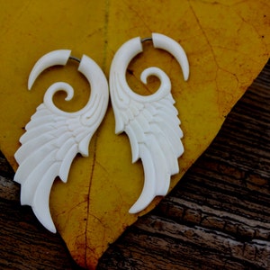 Angel Wings Gauge Earrings - Natural White Bone Fancy Feather Tribal Style Expanders Hand Carved Organic Fake Piercings image 1