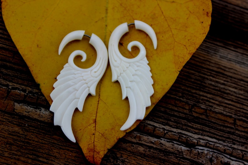 Angel Wings Gauge Earrings - Natural White Bone Fancy Feather Tribal Style Expanders Hand Carved Organic Fake Piercings image 1