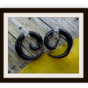 fake gauge earrings, Organic,X Small Sprial ,Black Horn, Split Gauge ,Sprial Earrings ,hand carved,tribal style image 1