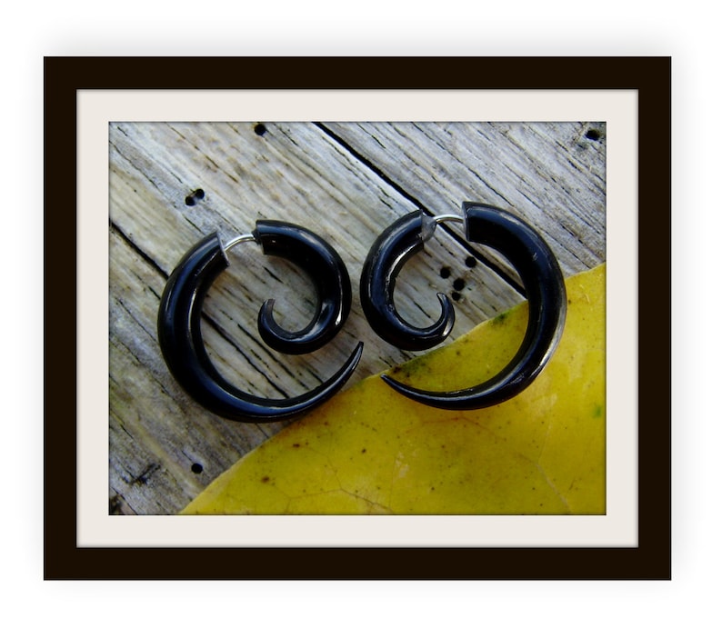 fake gauge earrings, Organic,X Small Sprial ,Black Horn, Split Gauge ,Sprial Earrings ,hand carved,tribal style image 1