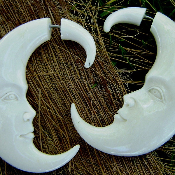 Moon,Fake Gauge Earrings Hand Craved Natural  Bone Split Gauge organic tribal style fake piercings