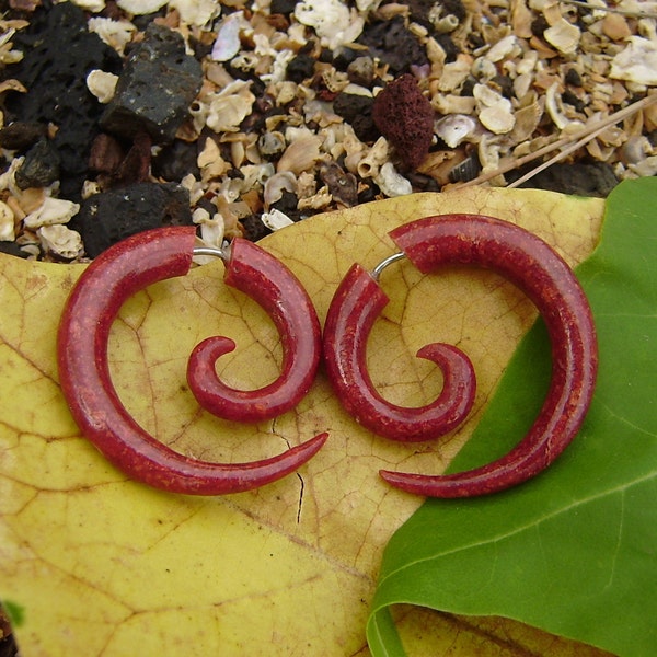 Fake gauge earrings ,Hand made,Red Coral ,tribal style,organic,naturally