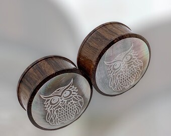 Real gauge, Natural wood, Shell, Owl, Handmade, 9mm, 28mm, Tribal style, Plugs, Organic