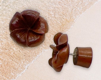 Fake gauge Plugs, Organic Earrings, Wood, post Earrings, hand carved