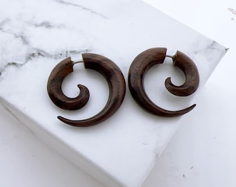 Fake Gauge Earrings: Wood, Spiral, Hand Carved, Tribal, Organic X Small 0.83 inch