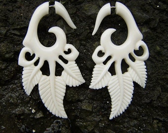 Fake Gauge Earrings,Split Gauge ,Bone, tribal style, hand Carved, Cheater earrings,organic,naturally