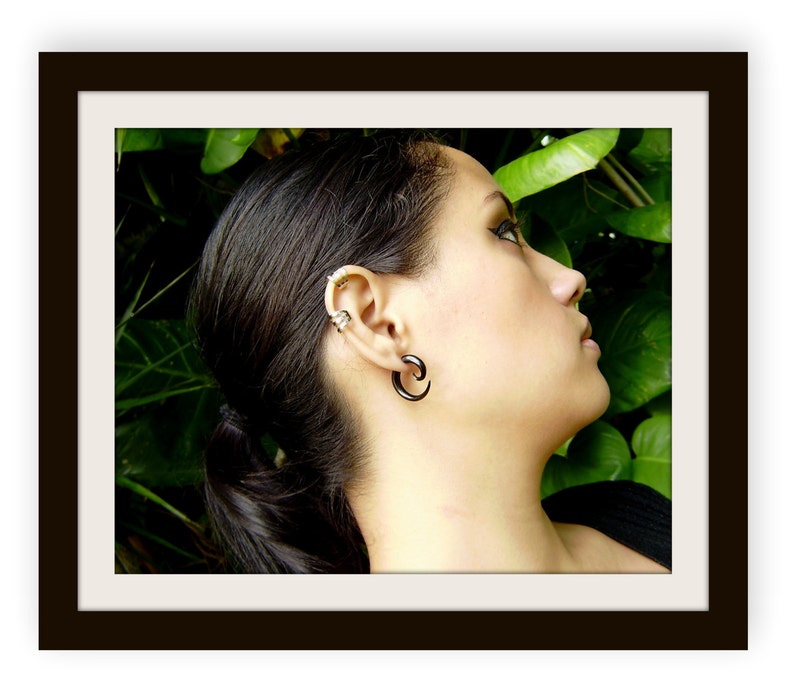 fake gauge earrings, Organic,X Small Sprial ,Black Horn, Split Gauge ,Sprial Earrings ,hand carved,tribal style image 3