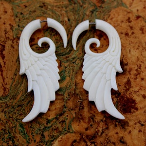 Angel Wings Gauge Earrings - Natural White Bone Fancy Feather Tribal Style Expanders Hand Carved Organic Fake Piercings image 2