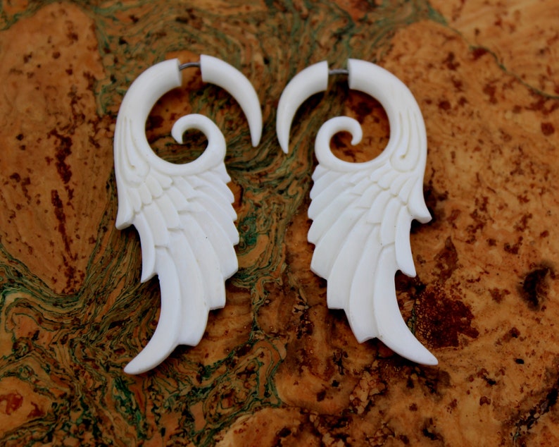 Angel Wings Gauge Earrings - Natural White Bone Fancy Feather Tribal Style Expanders Hand Carved Organic Fake Piercings image 2