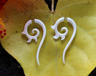 Fake Gauge Earrings,Split Gauge ,Bone, tribal style, hand Carved, Cheater earrings,organic,naturally