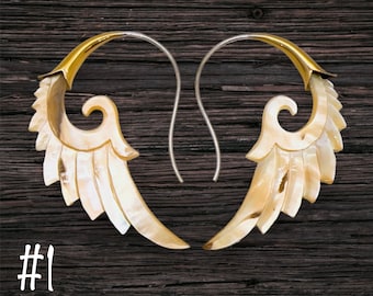 Fake Gauge Earrings Gold Shell & Mother Of Pearl Earrings - Hand Carved Tribal Organic Fake Piercings