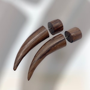 May include: A pair of dark brown wooden earrings with a curved, horn-like design. The earrings have a post and a cylindrical backing. The wood grain is visible, adding texture to the jewelry. The earrings are displayed against a soft, neutral background.