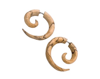 M size Fake Gauge Earrings -  Hand Carved, Organic, Split, Spiral, Wood Earrings, Tribal, Natural M size