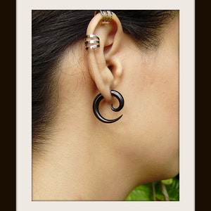 fake gauge earrings, Organic,X Small Sprial ,Black Horn, Split Gauge ,Sprial Earrings ,hand carved,tribal style image 4